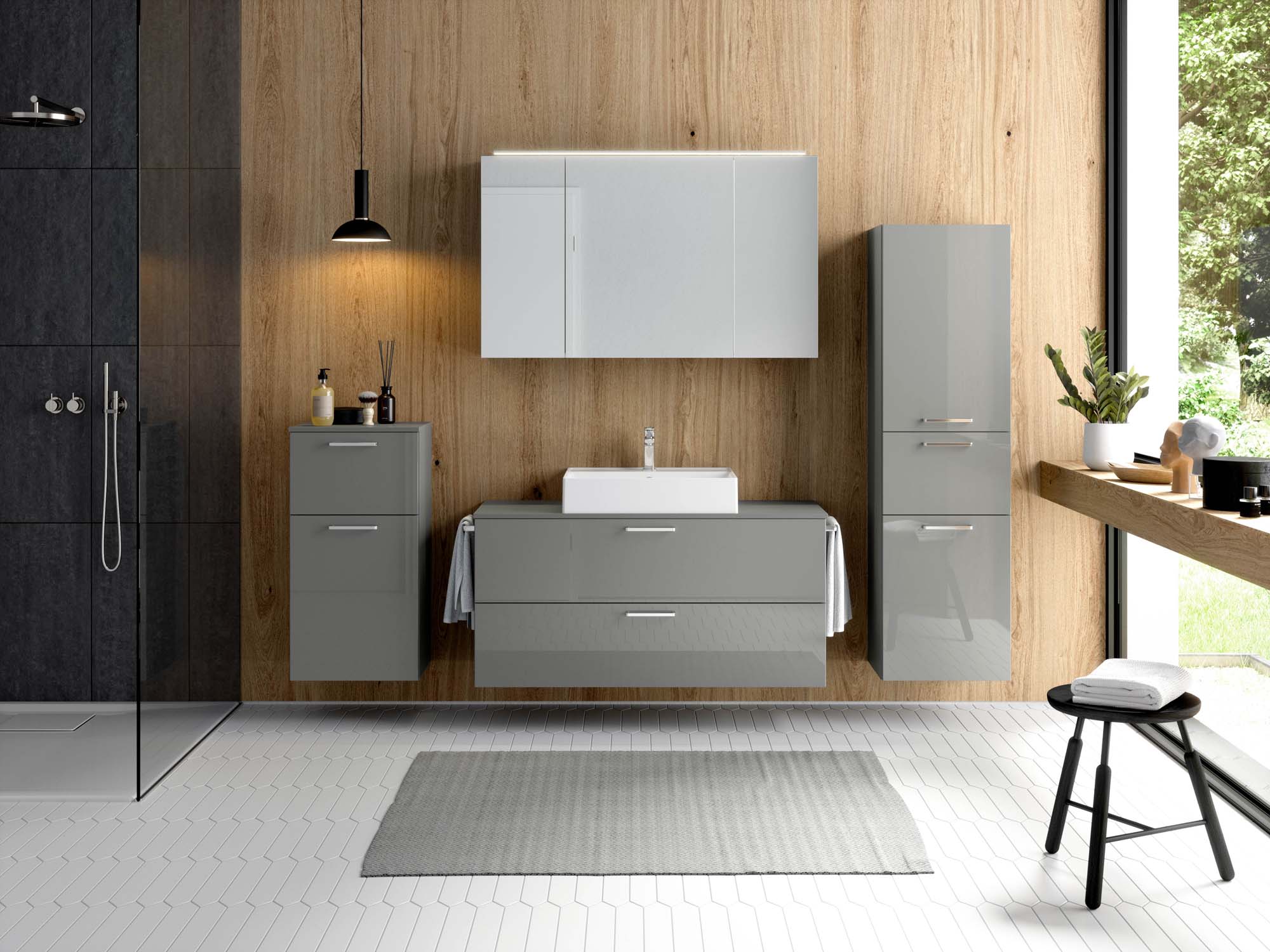Badezimmermöbel-Set 3 Schränke grau mit Waschtisch und Spiegelschrank nobilia 
