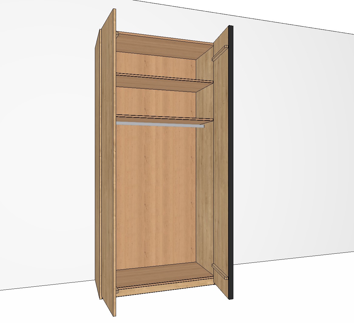 brauner geöffneter zweitüriger Kleiderschrank mit Einlegeboden und Kleiderstange vor weißer Wand mit weißem Hintergrund