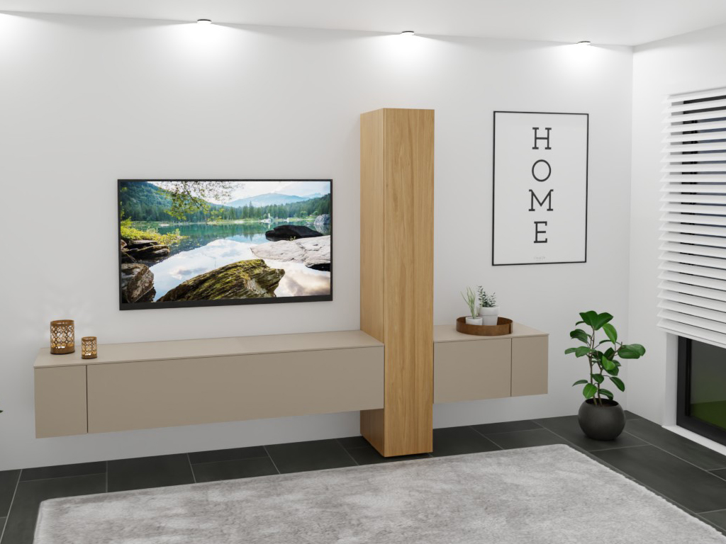 Sudbrock Cubo - Wohnwand | 3 Türen, 2 Klappen | B: 290,0 cm | Lack terra Modernes Wohnzimmer mit einem hängenden Wandregal in Holzoptik, einem Flachbildfernseher, einem gerahmten HOME-Poster und dekorativen Pflanzen.