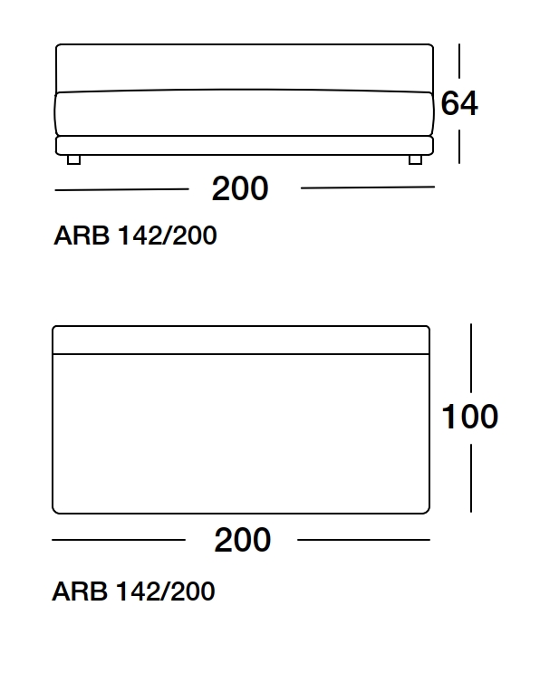 Maßzeichnung eines Sofaelements vor weißem Hintergrund freistil Rolf Benz 142