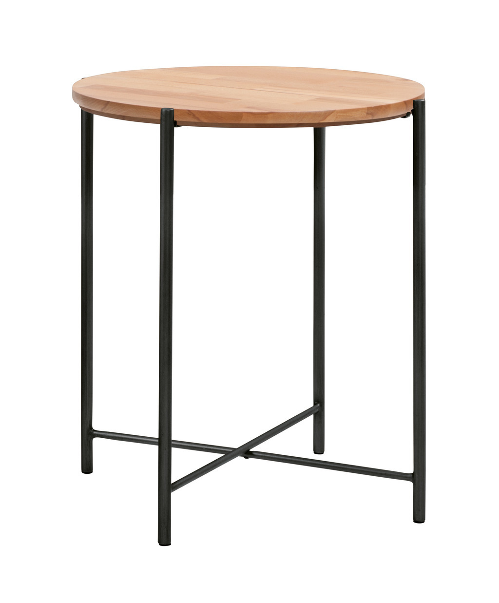 Kleiner brauner beistelltisch mit runder platte auf einem vierfüßigen metallgestell in grau vor weißem hintergrund nali von hasena