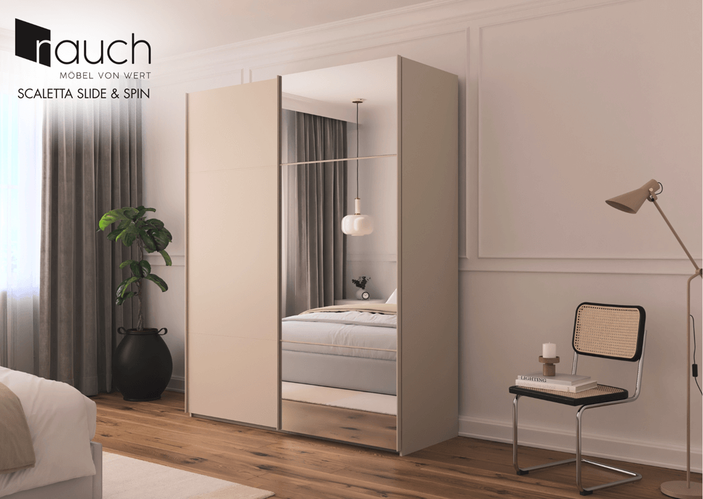 Kleiderschrank mit einer Spiegeltüre zum schieben. Front ist beige.