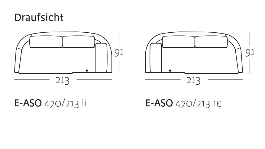 Illustration der Sofas E-ASO 470/213 mit Maßangaben, Draufsicht von links und rechts