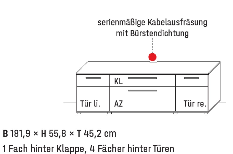 Illustration eines Lowboards mit Maßangabe und Bezeichnung vor weißem Hintergrund