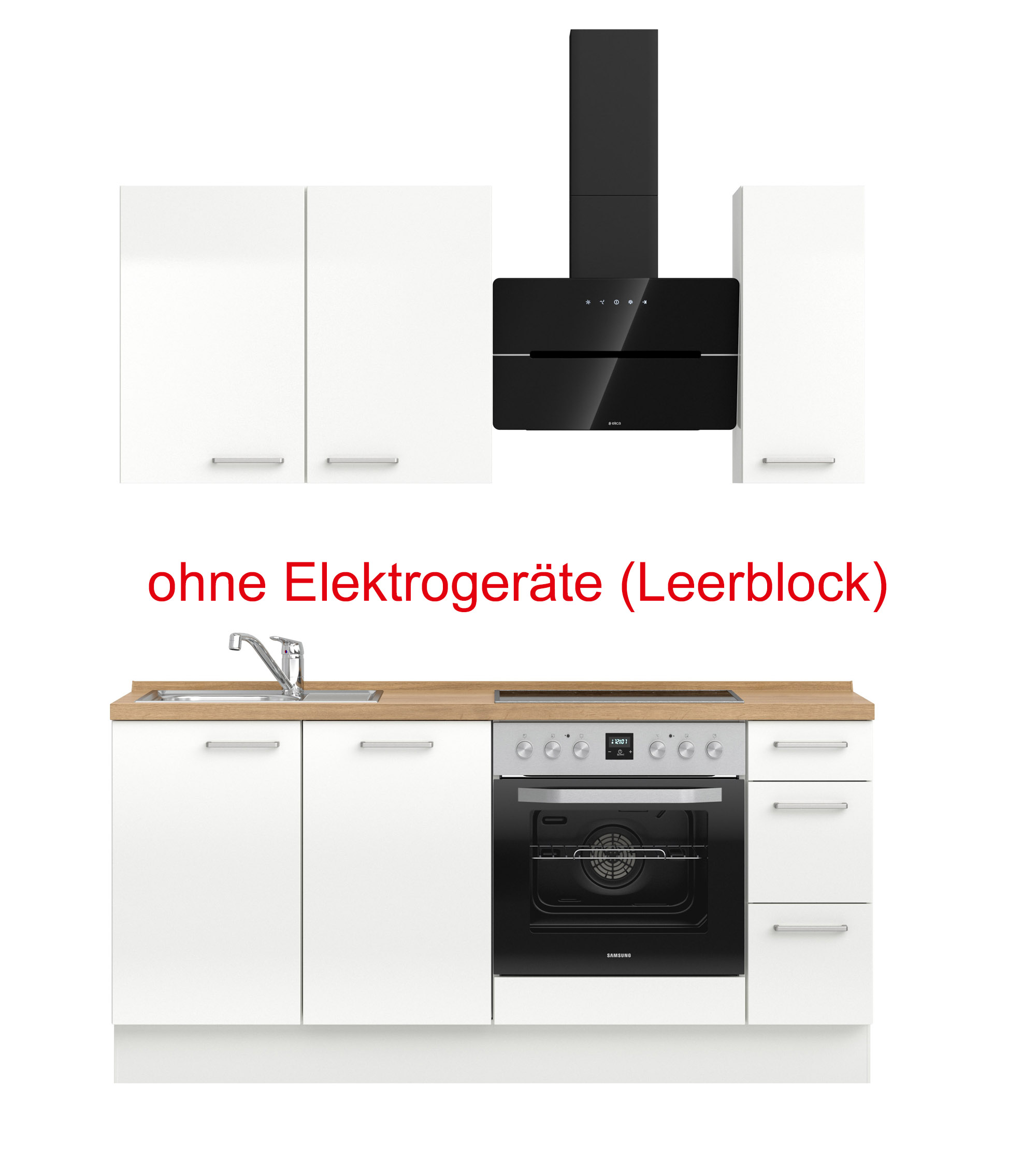 küchenzeile weiß, braun mit Backofen, Herd, Dunstabzugshaube, Waschbecken, Armatur mit Hinweistext ohne Elektrogeräte (Leerblock) nobilia flash 