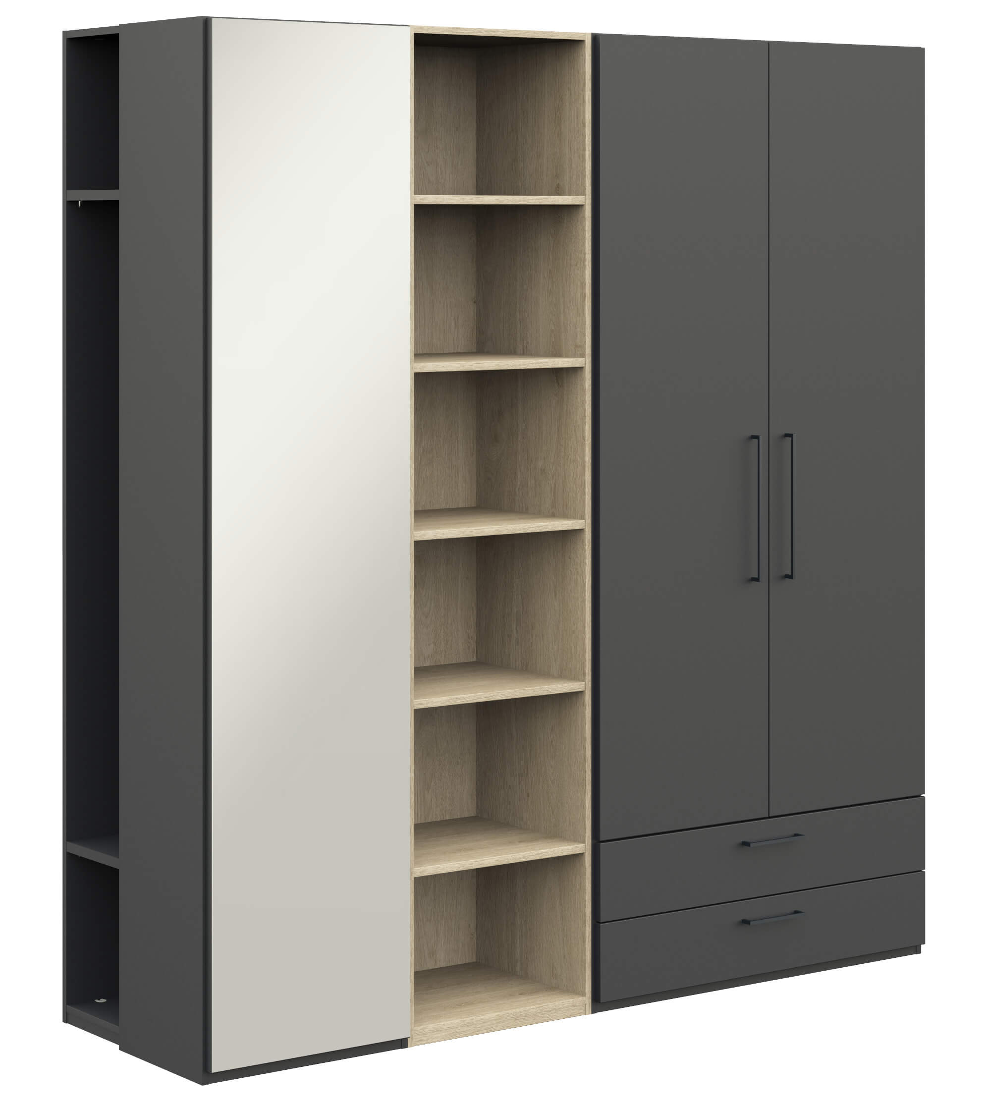 Röhr Bush. cocoon -  Kleiderschrank mit Spiegel | graphit matt - Eiche Sand | B: 202,6 cm Kleiderschrank in Grau mit Spiegeltür, offenen Holzregalen und Schubladen