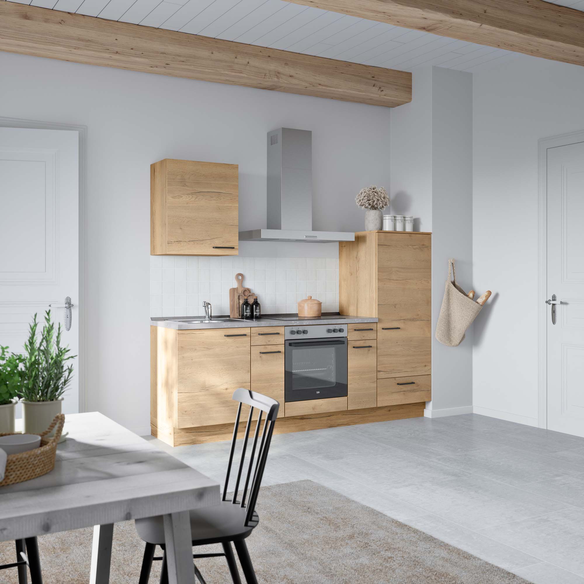 küchenzeile braun, grau mit Backofen, Herd, Dunstabzugshaube, Waschbecken, Armatur nobilia structura