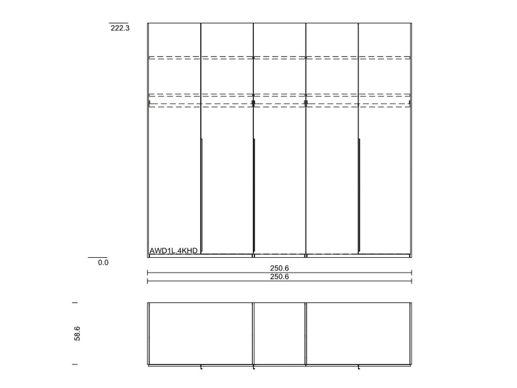 Technische Zeichnung mit Front- und Draufsicht sowie exakten Maßen von 250,6 cm Breite und 58,6 cm Tiefe.