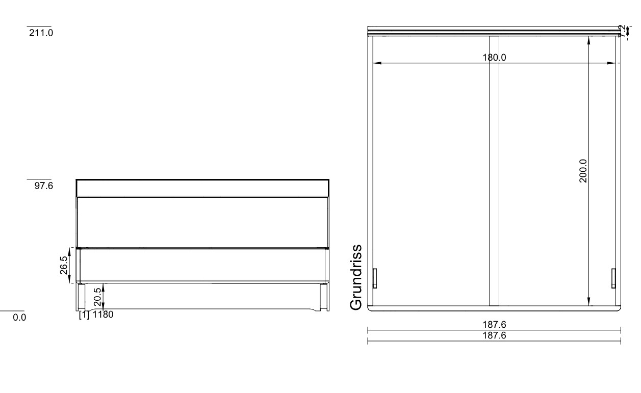 Type 1180 | Liegefläche: 180,0 × 200,0 cm  | Stellfläche: 187,6 × 211,0 cm