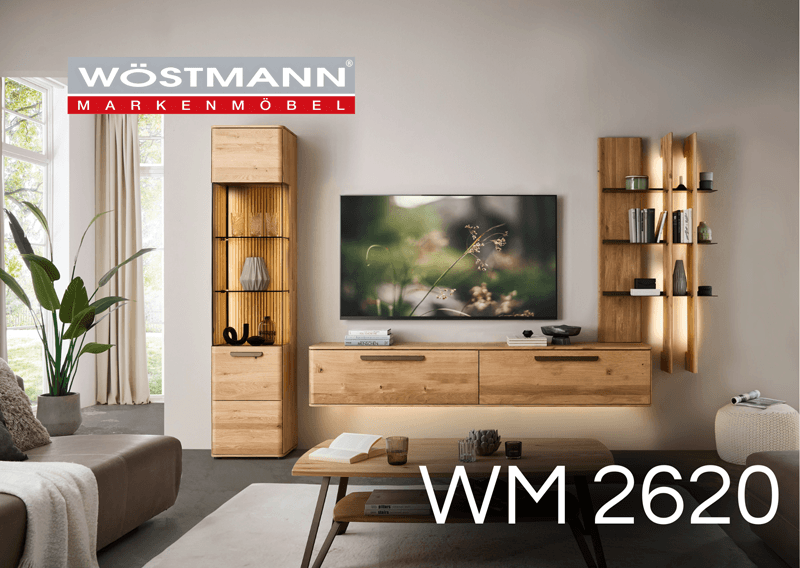 Massivholz Wohnwand mit Beleuchtung und Anthrazit Regalelementen