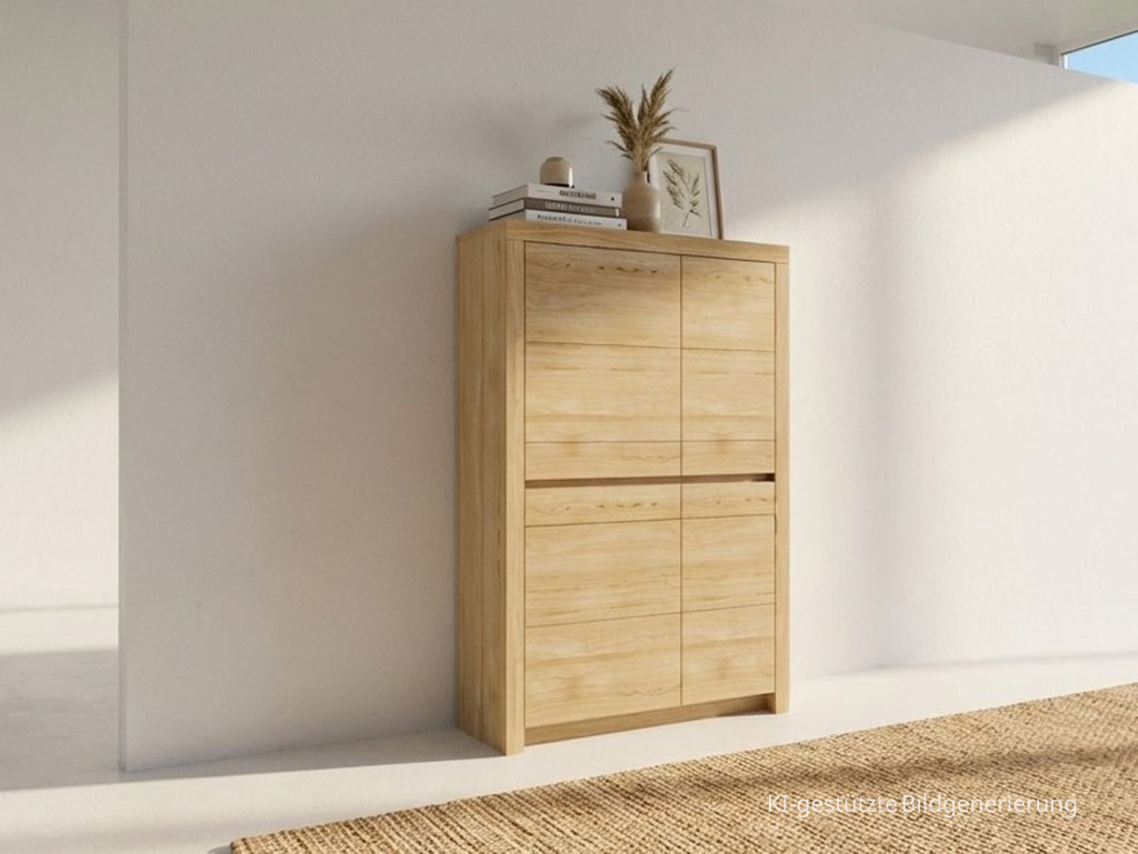 moderner brauner Holzschrank stilvoll dekoriert in einem hellen Raum, Bild KI generiert