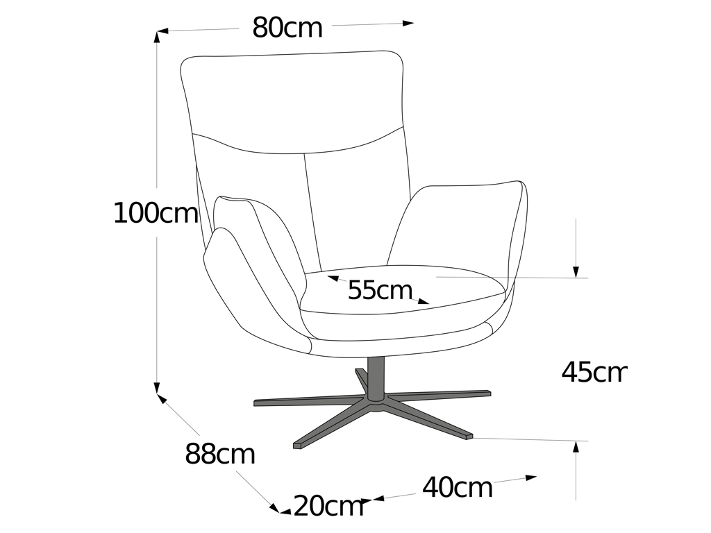 Skizze eines ergonomischen Sessels mit den Abmessungen: Höhe 100 cm, Breite 80 cm, Tiefe 88 cm, Sitzhöhe 45 cm, Sitztiefe 55 cm, und Sockelbreite 40 cm.