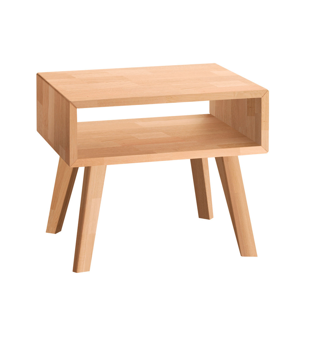 hellbrauner Nachttisch auf vier hohen beinen und in form eines offenen faches vor weißem hintergrund jaca von hasena