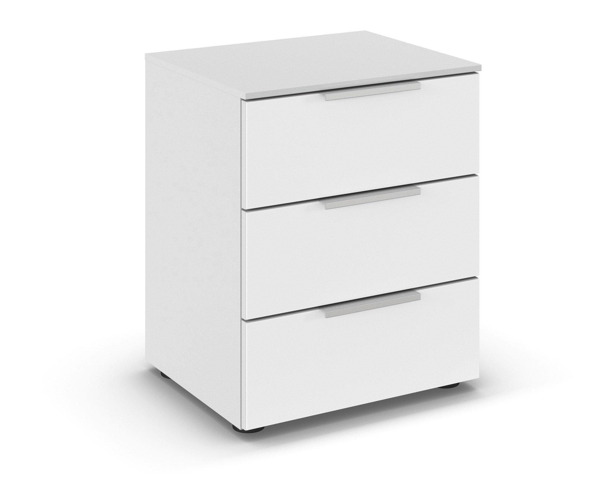 weißer Nachttisch mit drei Schubladen vor weißem Hintergrund