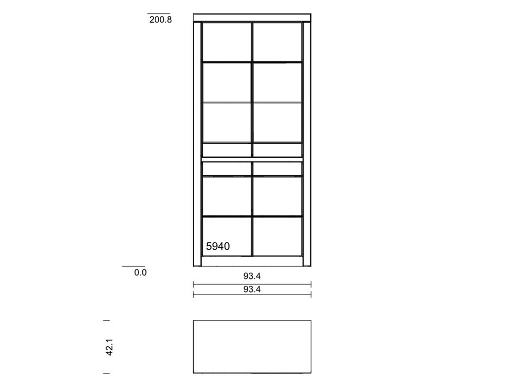 Technische Zeichnung eines Küchenschranks mit den Abmessungen 200,8 cm Höhe und 93,4 cm Breite