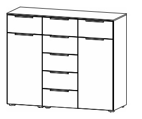 Illustration einer Kommode mit sieben Schubladen und zwei Türen vor weißem Hintergrund