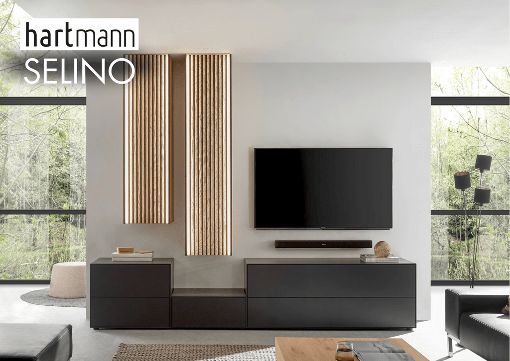 schwarze Wohnwand mit Lamellen Hängeelementen mit Beleuchtung