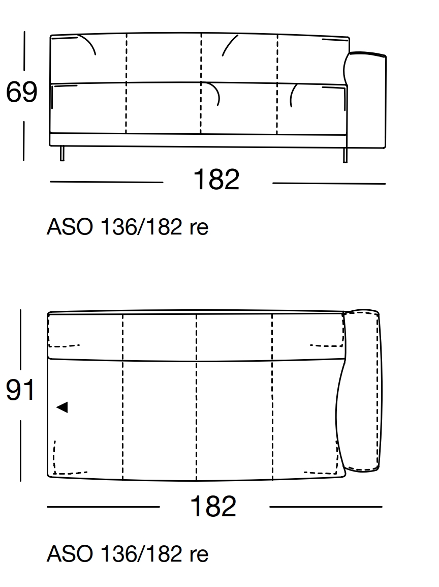 Maßzeichnung eines Sofaelements vor weißem Hintergrund freistil Rolf Benz 136