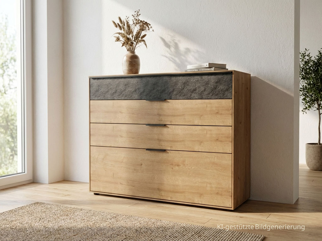 braune moderne Holzkommode mit graumeliertere Schublade stilvoll dekoriert in eine modernen Raum