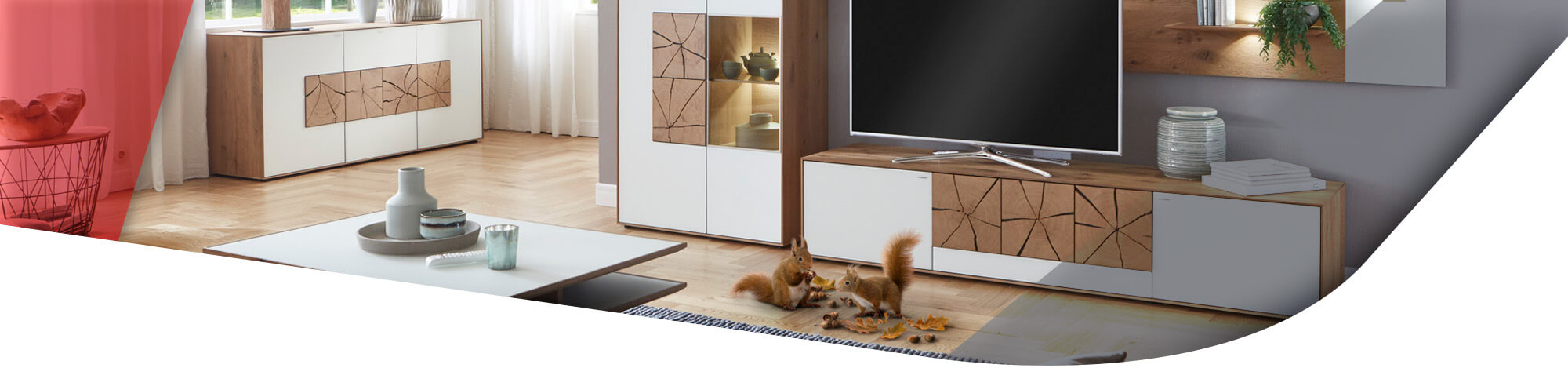 Eichhörnchen vor weißer Wohnwand und Akzent mit HIrnholz