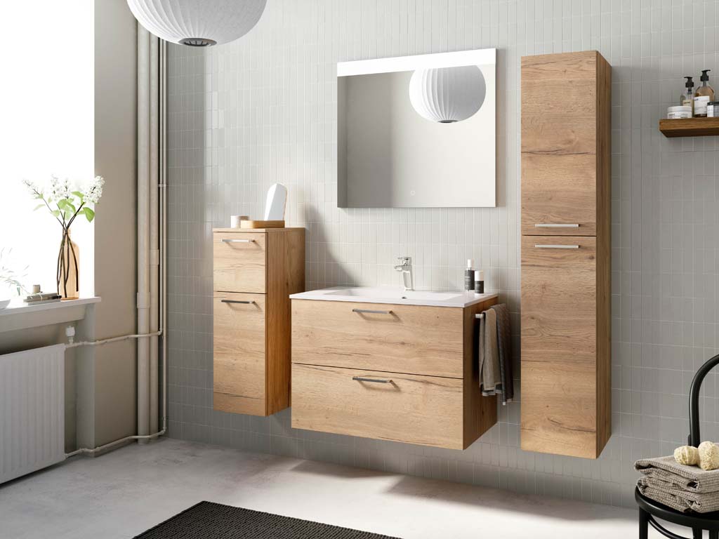 Badezimmermöbel-Set 3 Schränke Eiche Nachbildung mit Waschtisch und Spiegel nobilia 