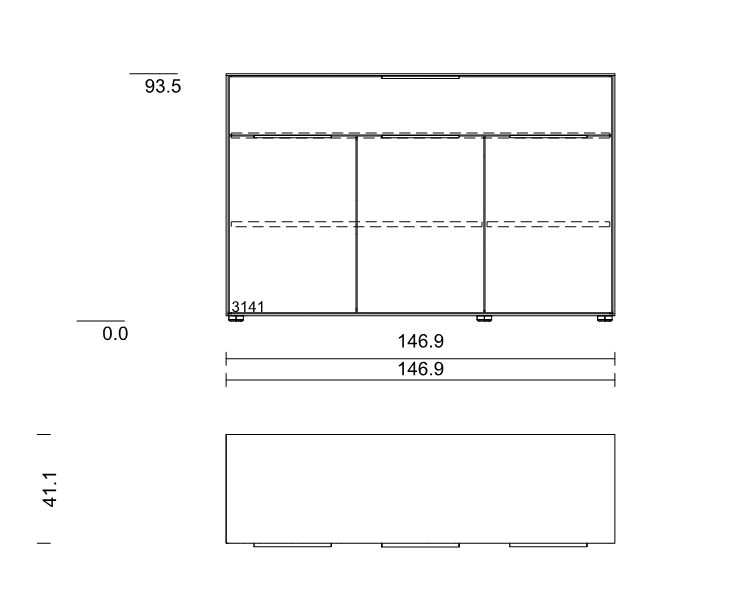 Technische Zeichnung eines Regals mit den Maßen 93,5 cm Höhe, 146,9 cm Breite und 41,1 cm Tiefe