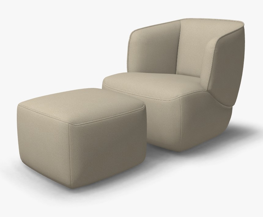 beiger designersessel mit hocker vor weißem hintergrund