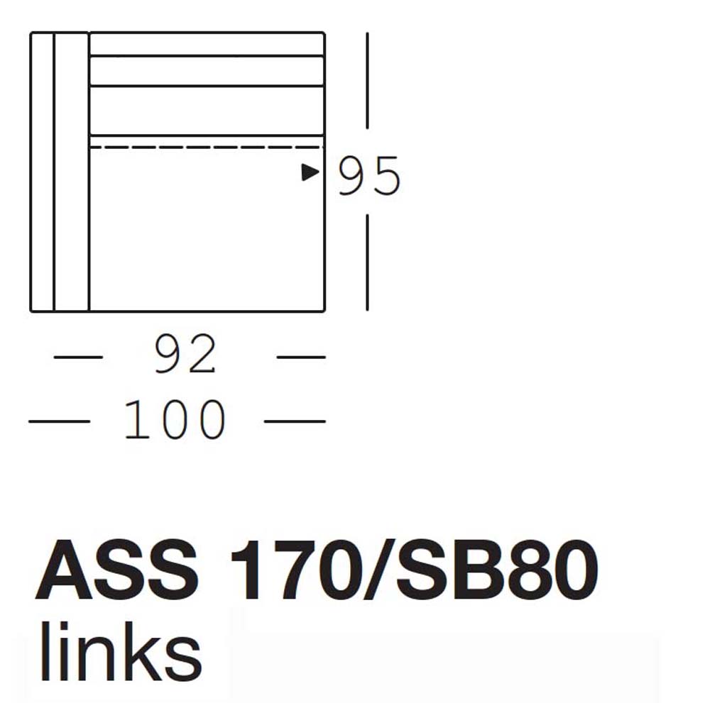 Maßzeichnung eines Sofaelements vor weißem Hintergrund freistil Rolf Benz 170