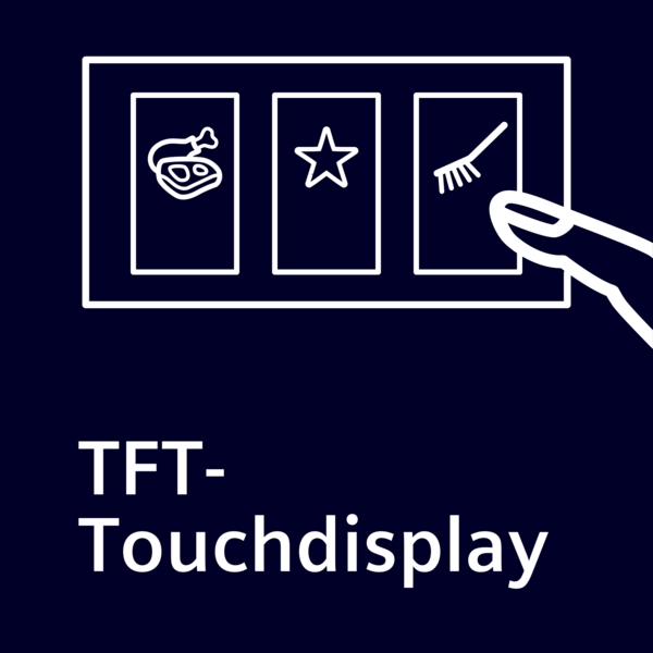 Illustration eines TFT-Touchdisplays mit Hand und Symbolen für Essen, Stern und Besen, dunkler Hintergrund