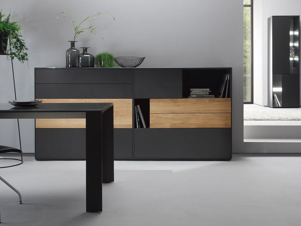 Sudbrock Game - Sideboard inkl. Glasabdeckplatte | Ethno Eiche furniert, Lack cosmos schwarz | B: 240 cm Ein modernes Sideboard in Schwarz mit Holzakzenten, dekoriert mit Pflanzen und Vasen.