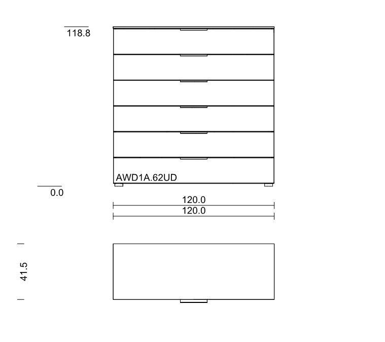 Maßzeichnung einer Kommode mit sechs Schubladen vor weißem Hintergrund