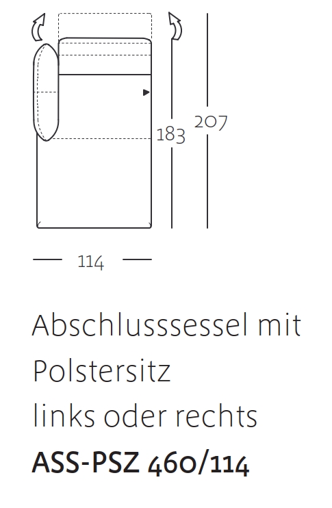 Zeichnung eines Abschlusssessels mit Polstersitz, wahlweise links oder rechts, Modellnummer ASS-PSZ 460/114 mit Maßen 207x183x114 cm
