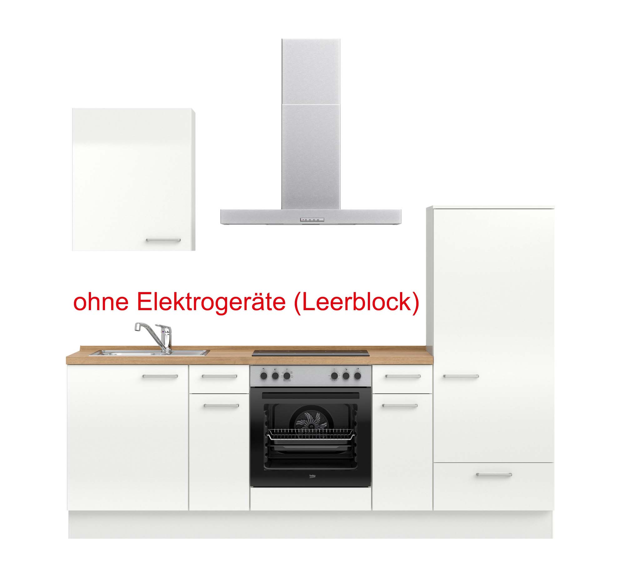 küchenzeile weiß, braun mit Backofen, Herd, Dunstabzugshaube, Waschbecken, Armatur mit Hinweistext ohne Elektrogeräte (Leerblock) nobilia flash