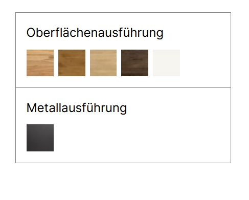 Oberflächen- und Metallausführungen von 7 Farben in tabellenform vor weißem hintergrund