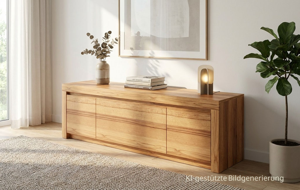 braunes Lowboard stilvoll dekoriert in einem modernen Zimmer, Bild KI generiert
