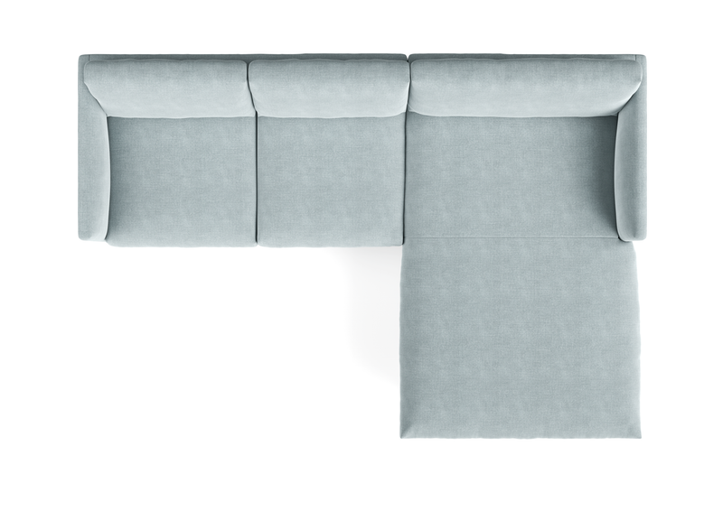 Draufsicht auf ein modulares hellblaues Ecksofa mit Ottomane, modern und bequem gestaltet.