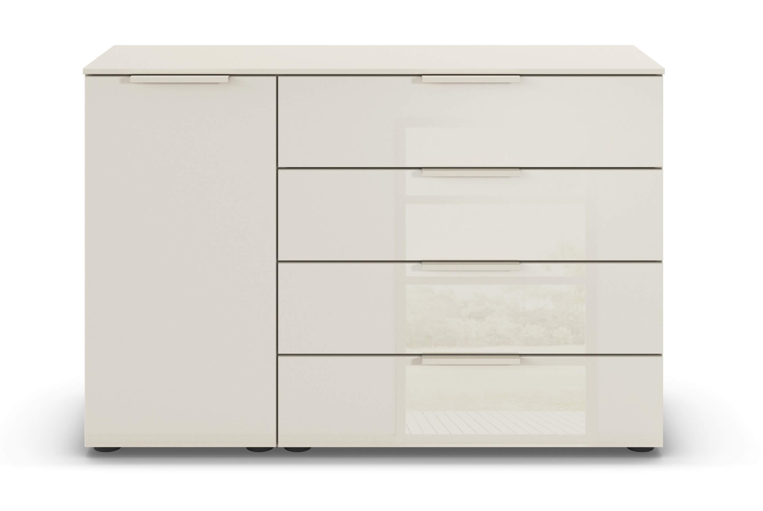 beige Kommode mit vier Schubladen und einer Drehtür vor weißem Hintergrund