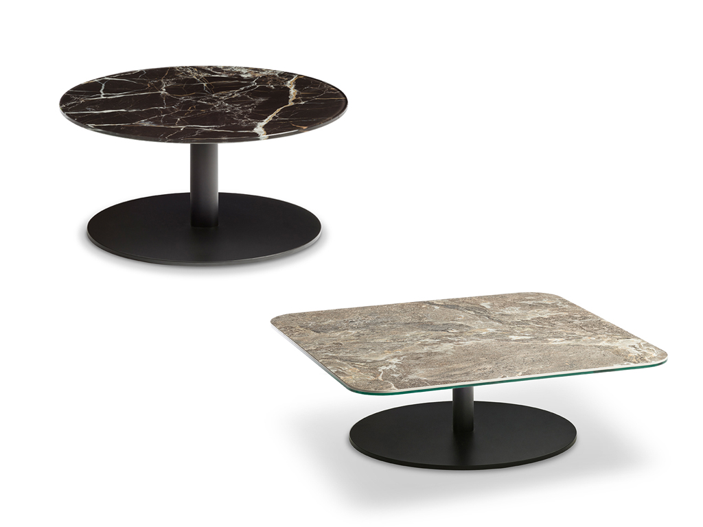designwerk Tische - Couchtisch Center Leg | H: 29 cm Zwei stilvolle Couchtische mit Marmorplatten, einer rund und einer quadratisch, auf schwarzen Sockeln