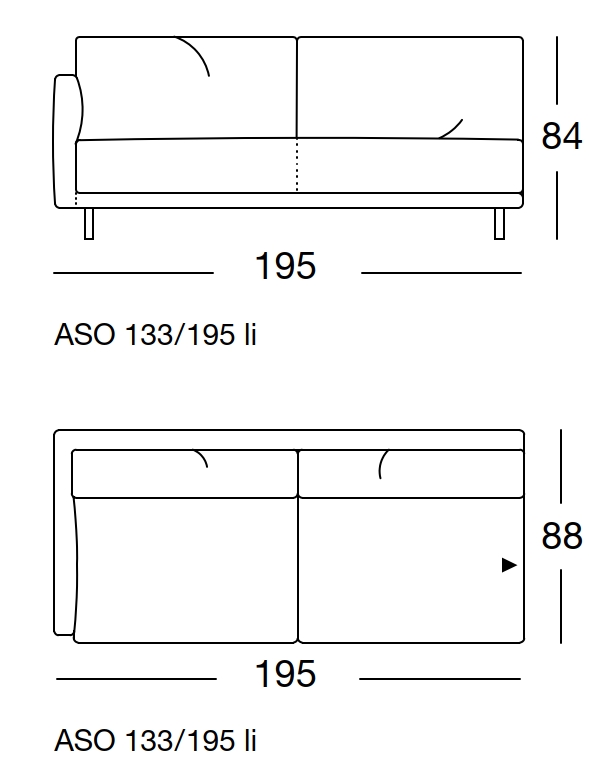 Maßzeichnung eines Sofaelements vor weißem Hintergrund freistil Rolf Benz 133