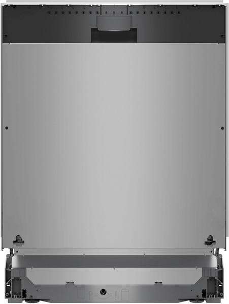 Ansicht der Rückseite der Frontplatte des Geschirrspülers (Innenseite der Tür) ohne Dekorblende. Man sieht die metallene Platte und die Befestigungspunkte für die Küchenfront.