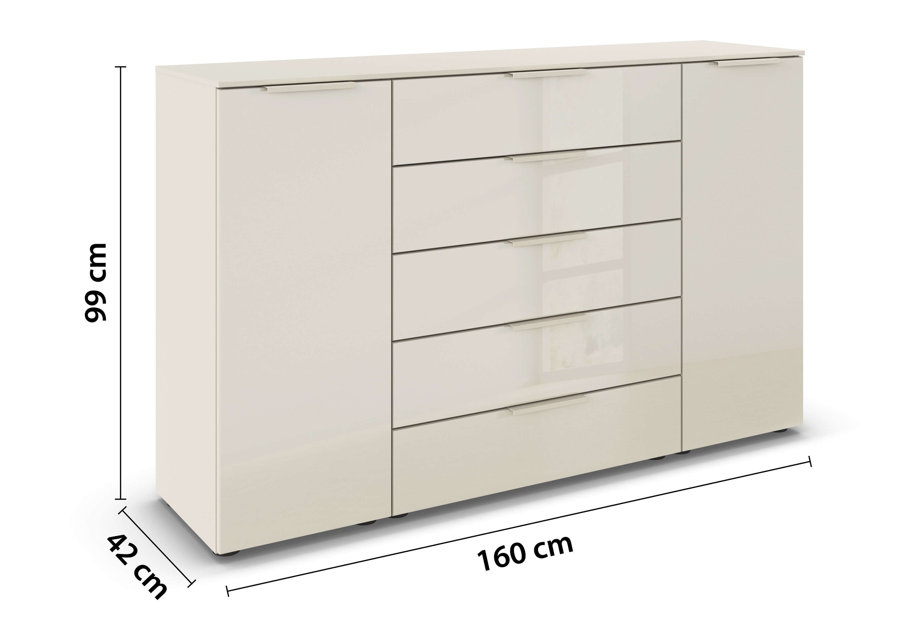 beige Kommode mit fünf Schubladen und zwei Türen mit Bemaßung vor weißem Hintergrund