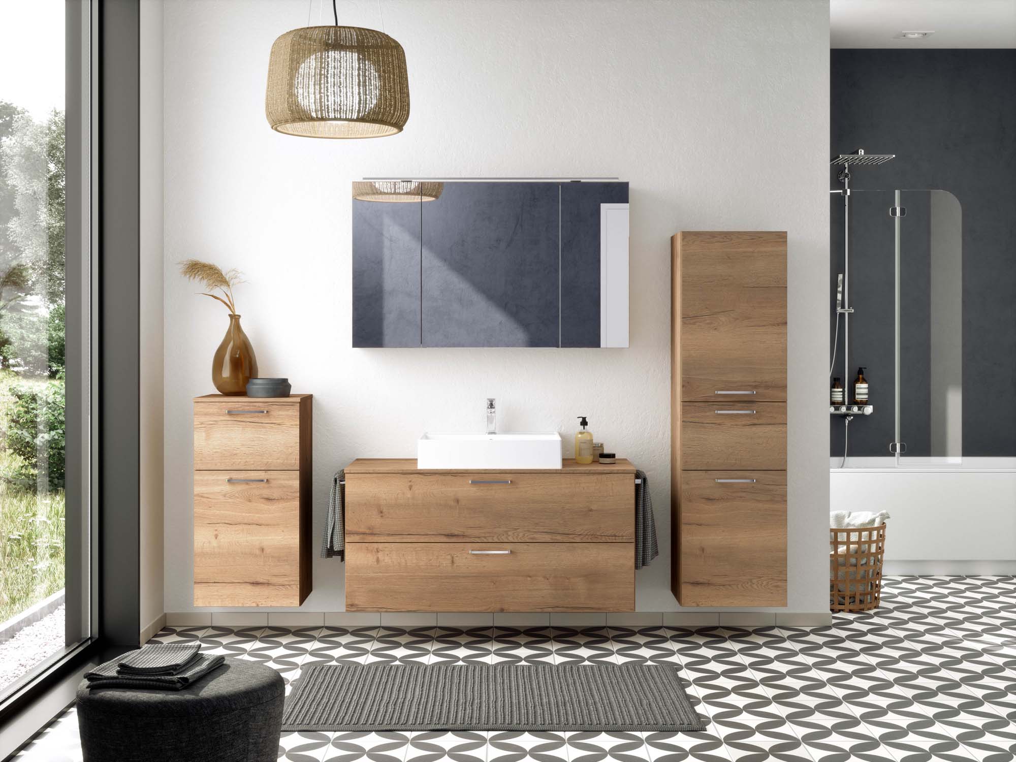 Badezimmermöbel-Set 3 Schränke braun mit Waschtisch und Spiegelschrank nobilia 