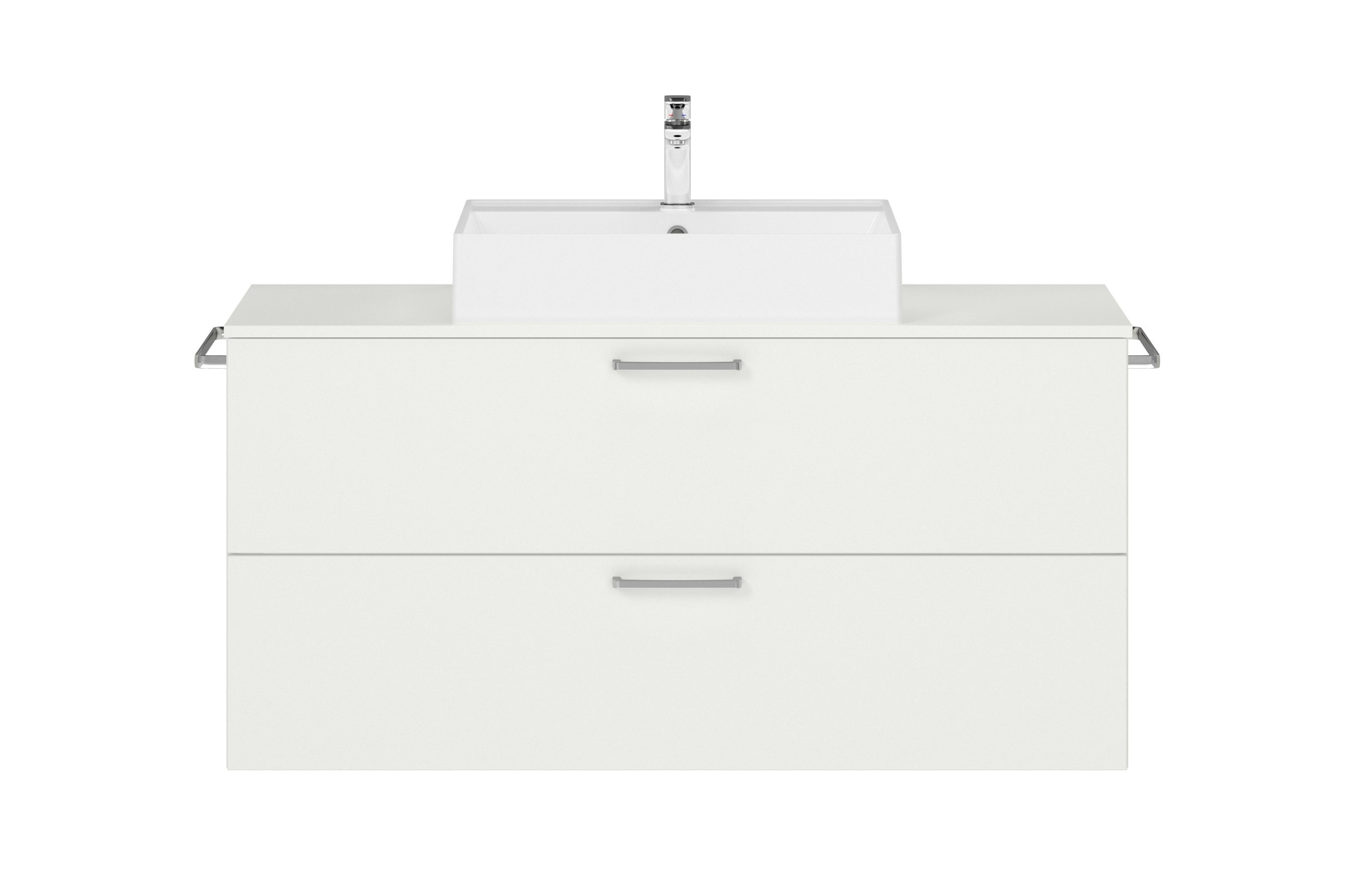 Badschrank weiß mit zwei Schubladen mit eckigem Aufsatzwaschbecken Handtuchhaltern und Armatur nobilia