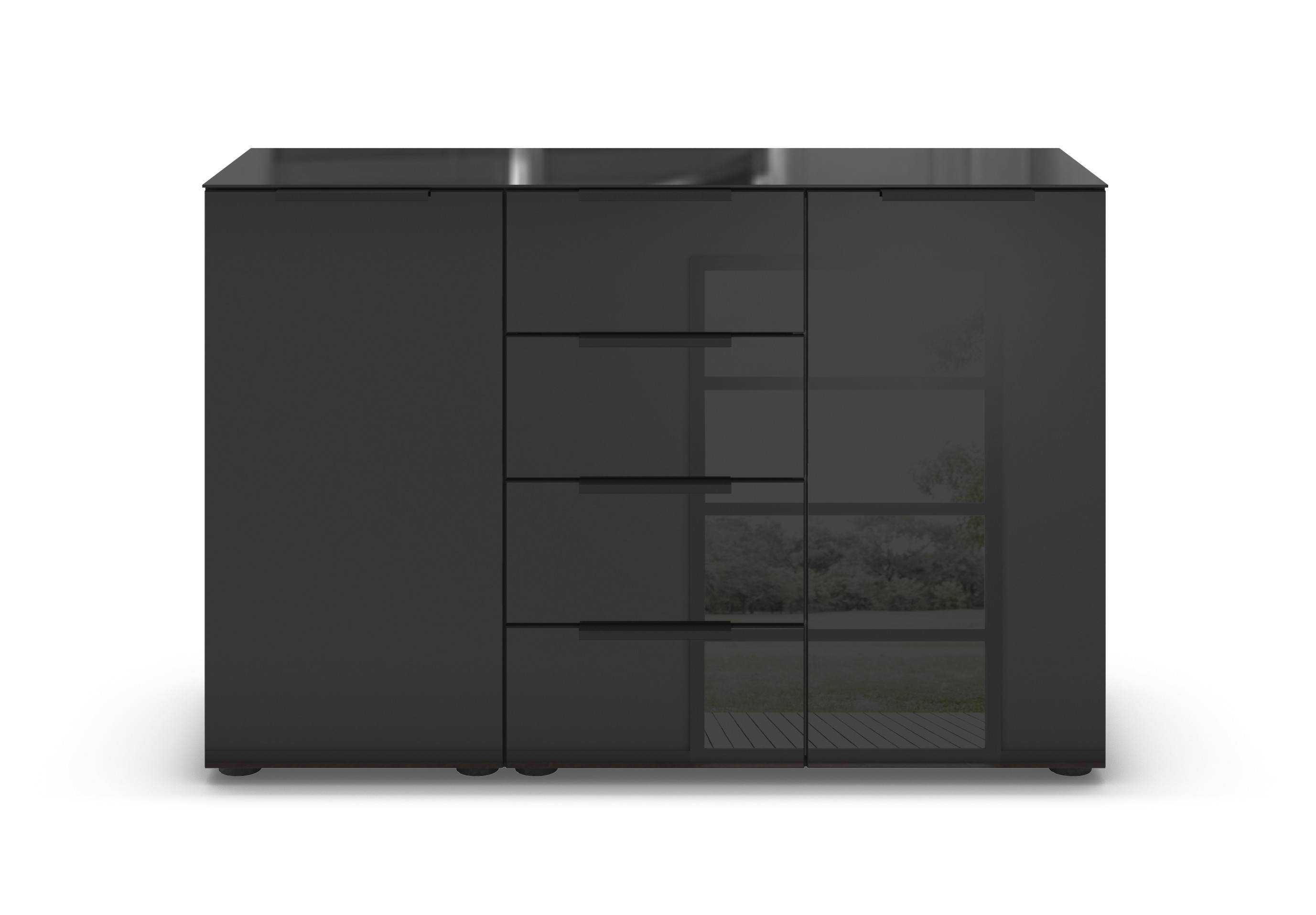 schwarze Kommode mit vier Schubladen und zwei Drehtüren vor weiße Hintergrund