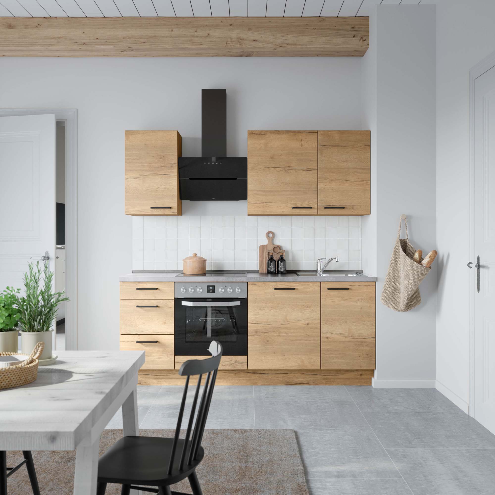 küchenzeile braun, grau mit Backofen, Herd, Dunstabzugshaube, Waschbecken, Armatur nobilia structura
