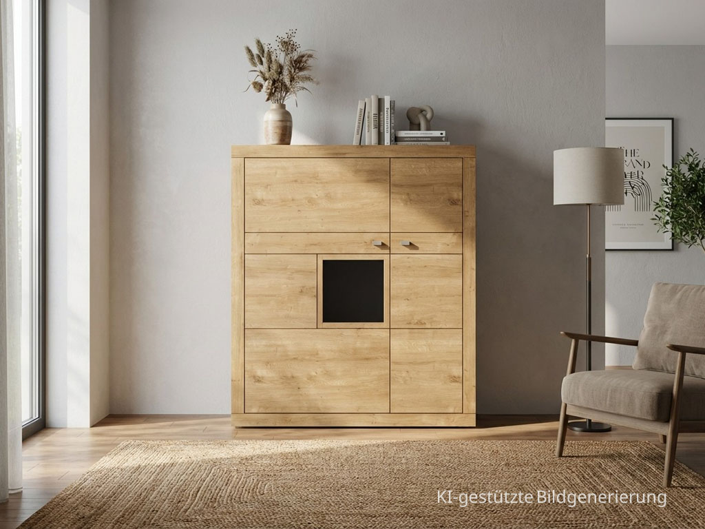 modernes braunes Highboard stilvoll dekoriert in einem hellen Raum, Bild KI generiert