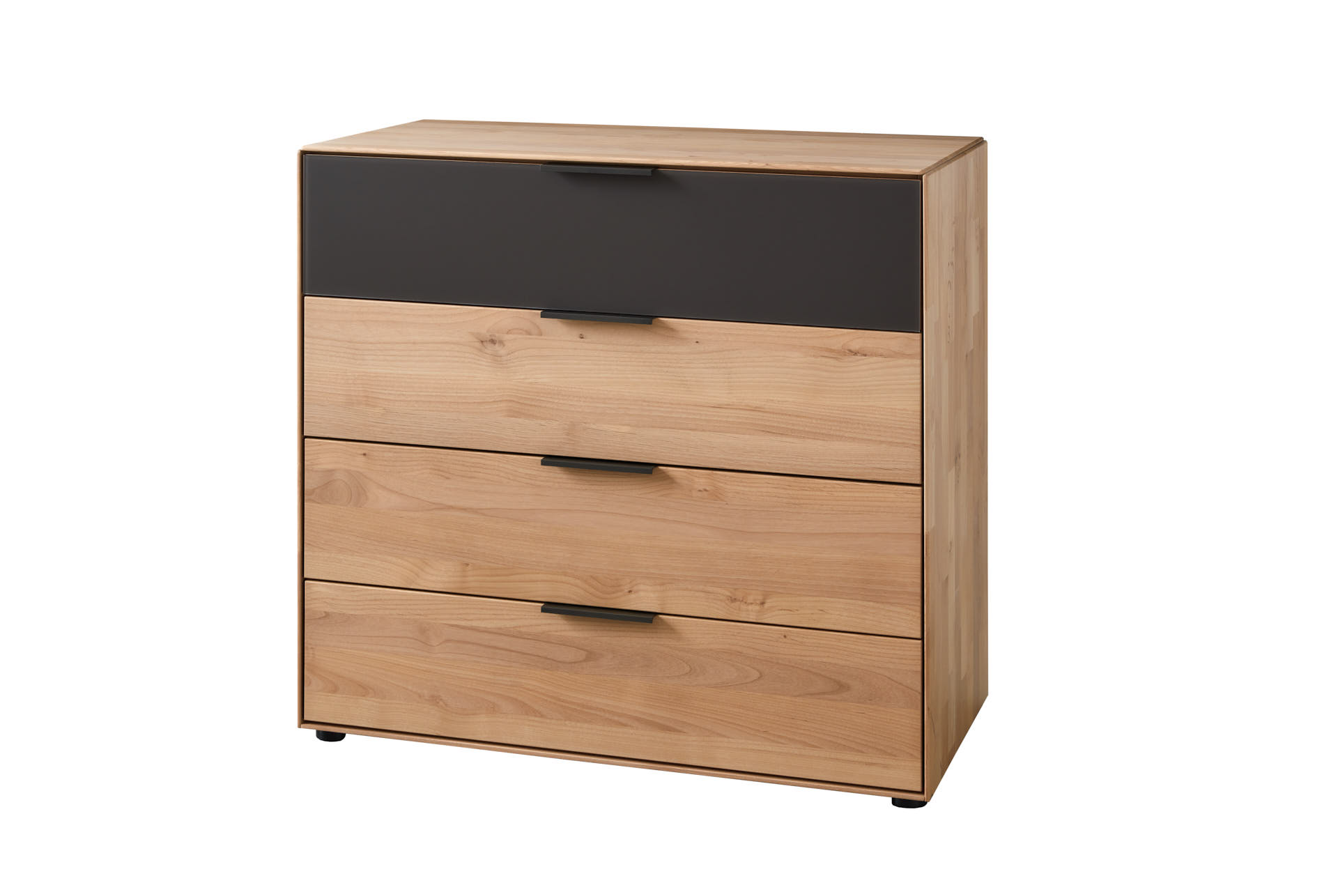 Holzkiste mit vier Schubladen, oberste in Schwarz, modernes Design