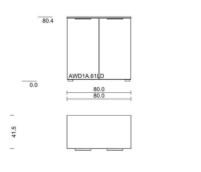 Maßzeichnung einer Kommode mit zwei Türen vor weißem Hintergrund