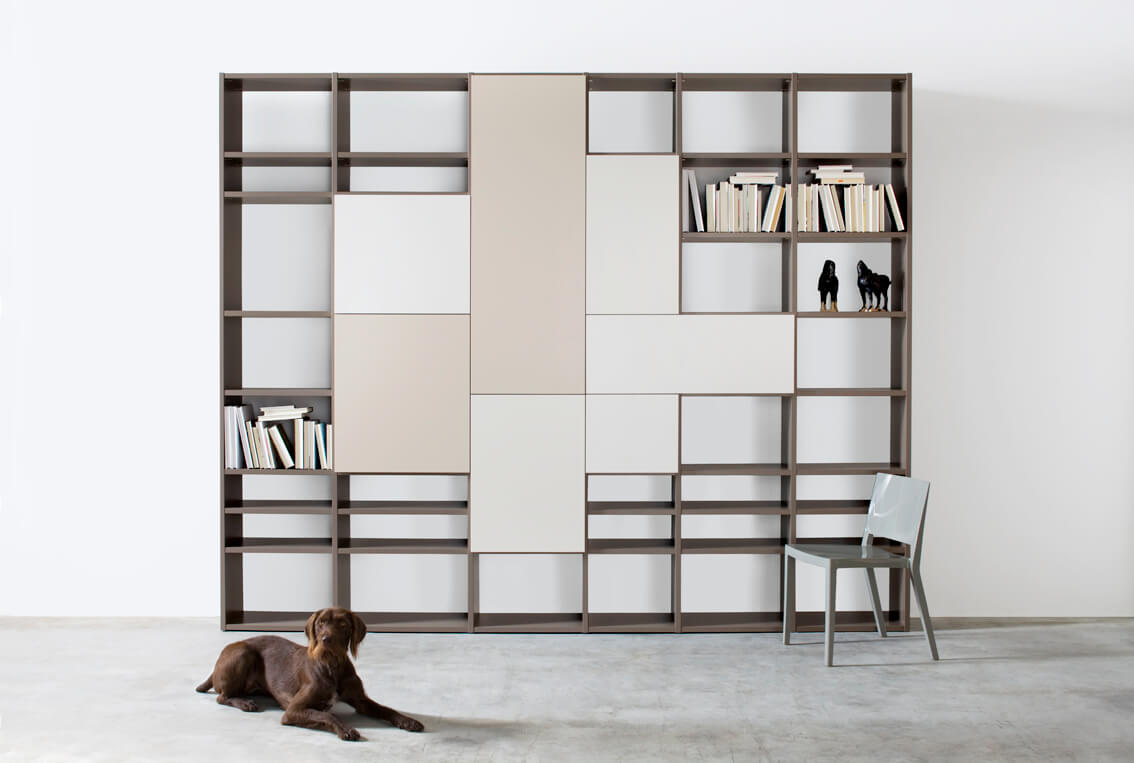 graues Regal mit offenen und geschlossenen Fächern in beige und weiß mit Hund davor und Büchern einsortiert.