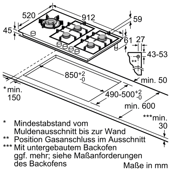 Technische Zeichnung eines Gas-Kochfelds mit detaillierten Maßen und Installationsanforderungen. Zeigt Positionen für Gasanschluss und Mindestabstände.